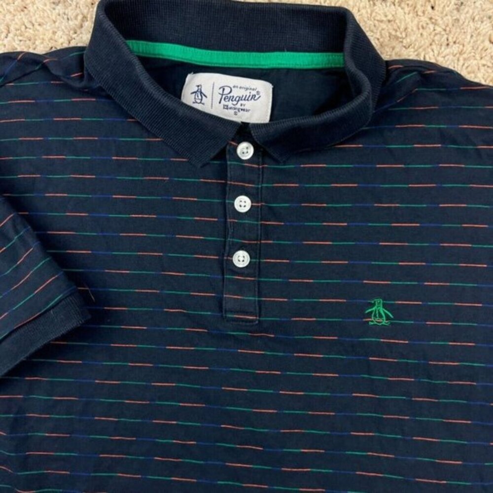 Original Penguin Munsingwear Polo Shirt Medium Short Sleeve Logo Black STRIPED